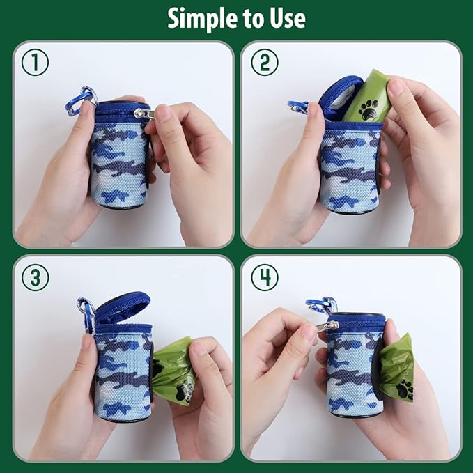 Dog Poop Bag Holder for Leash Doggie Waste Bag Dispenser Puppy Potty Carrier Small Doggy Zipper Pouch with Carabiner Clip 1680D Nylon Oxford with 1 Roll of Pet Trash Bags, Sky Blue Camo