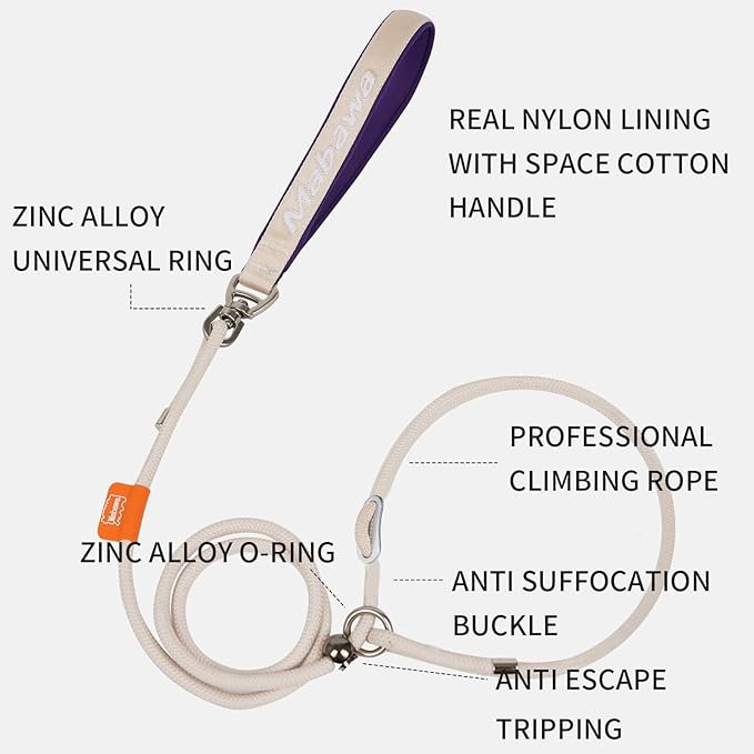 Dog Anti-Slip Leash 5FT with Metal Stopper - Durable No-Pull Training Lead for Small, Medium & Large Dogs - Comfortable Handle Nylon Rope, Tangle-Free Pet Walking Leash (Beige, 5.6FT)