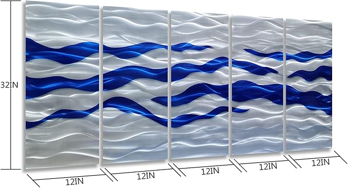 SYGALLERIER Abstract Coastal Metal Wall Art Handcrafted Big 3D Blue and Silver Artwork Modern Sea Waves Pictures Contemporary Sculpture for Living Room Bedroom Bathroom Decor