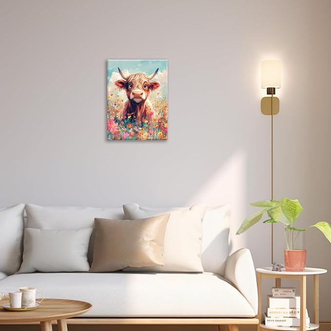 Highland Cow Wall Art Canvas Flower Cattle Wall Decor Prints Framed Painting Animal Pictures Gifts Artwork for Bathroom Living Dining Kitchen 16"x20"