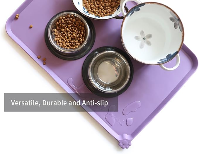 Hoki Found Large High-Sided Silicone Pet Food Tray - Non-Slip Bowls Placemat - Dog and Cat Feeding Mat - Waterproof - Amethyst
