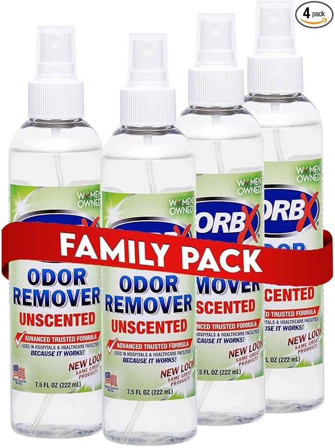 ZORBX Unscented Odor Eliminator for Strong Odor 7.5 Fl Oz, Pack of 4 - Used in Hospitals & Healthcare Facilities - Advanced Formula, Fast-Acting Odor Remover Spray for Dog, Cat, House & Carpet