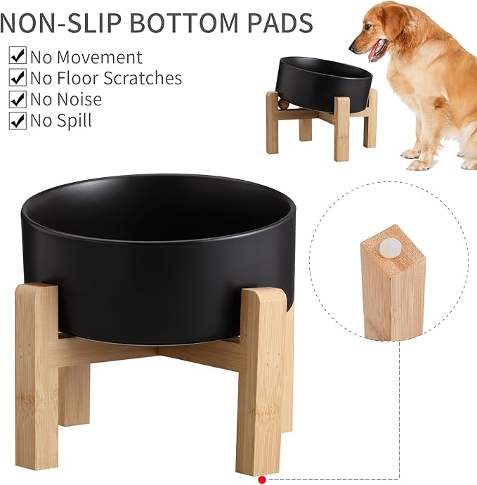 Black Elevated/Raised 15°Tilted Anti Slip Ceramic Dog Bowl for Medium & Large Breeds,Slanted Bulldog Big Face Pet Feeding Food Water Dish Stand for Dogs (7.6 Cups/60OZ)