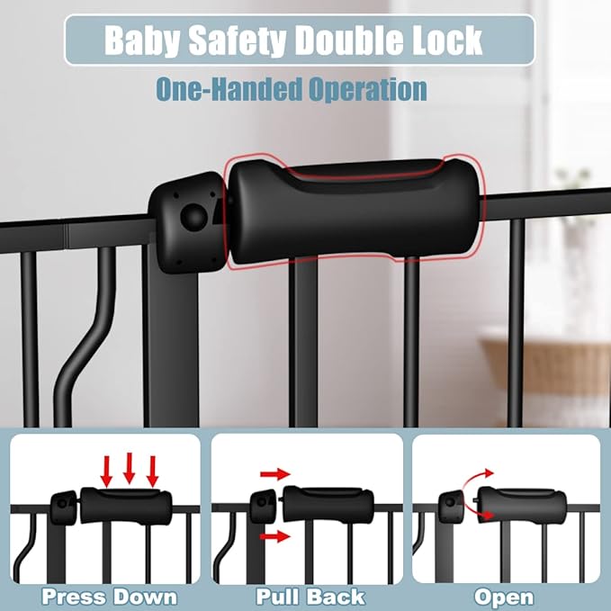 Extra Wide Baby Gate Black 53-57.5 Inch Wide Walk Through Pressure Mounted No Drill Long and Large Tension Metal Gate for Dog and Toddler