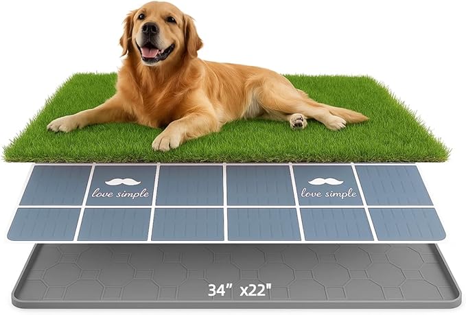 Dog Grass Pad with Tray, 34"x22" Silicone Base Washable Reusable Pee Pad & Grass Pad - Non-Slip, Easy-Clean Indoor Outdoor Dog Potty Toilet (34" x 22")