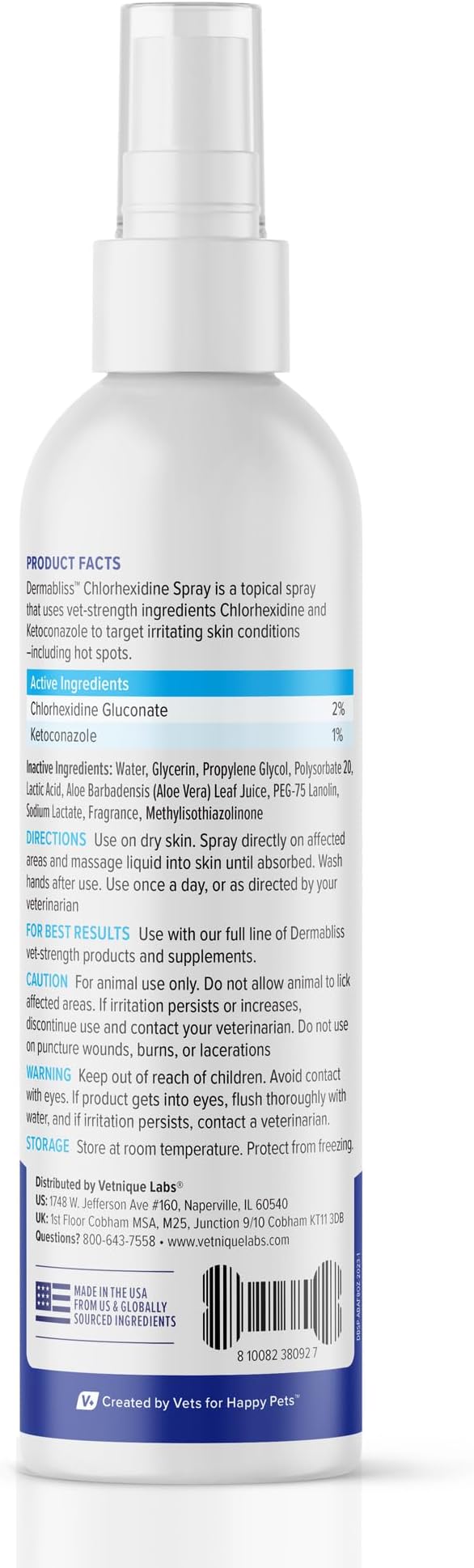 Vetnique Dermabliss Medicated Chlorhexidine Antiseptic Skin Spray for Dogs & Cats, Supports Skin Infections and Irritations 8oz