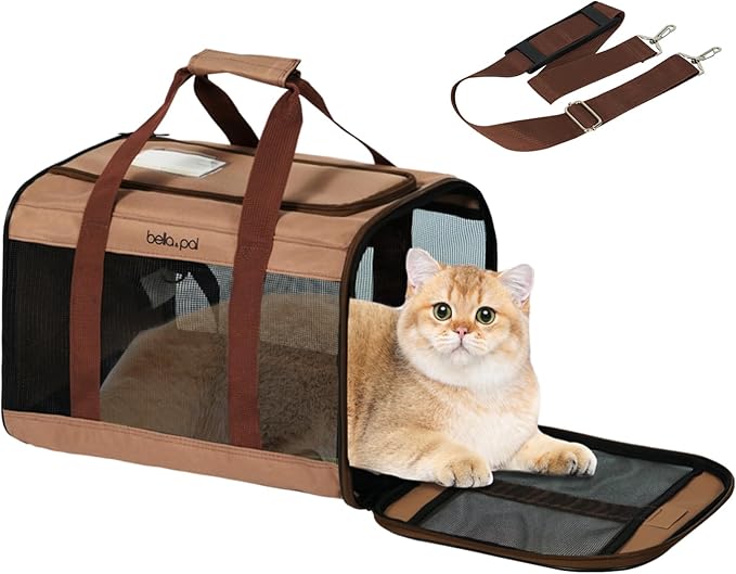 BELLA & PAL Cat Carrier Travel Bag, Airline Approved Lightweight Cat Carrier, Soft Sided Pet Carrier for Puppy Dogs Up to 18lbs, Collapsible Kitten Bag with Removable Waterproof Mat, Ventilated Mesh