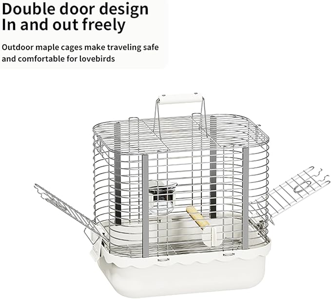 Bird Carrier Travel Cage, Durable Portable Stainless Steel Birdcage with Bird Perch & Feeding Bowl for Parrots Canaries Budgies Lovebirds Conures Cockatiels (Small White)
