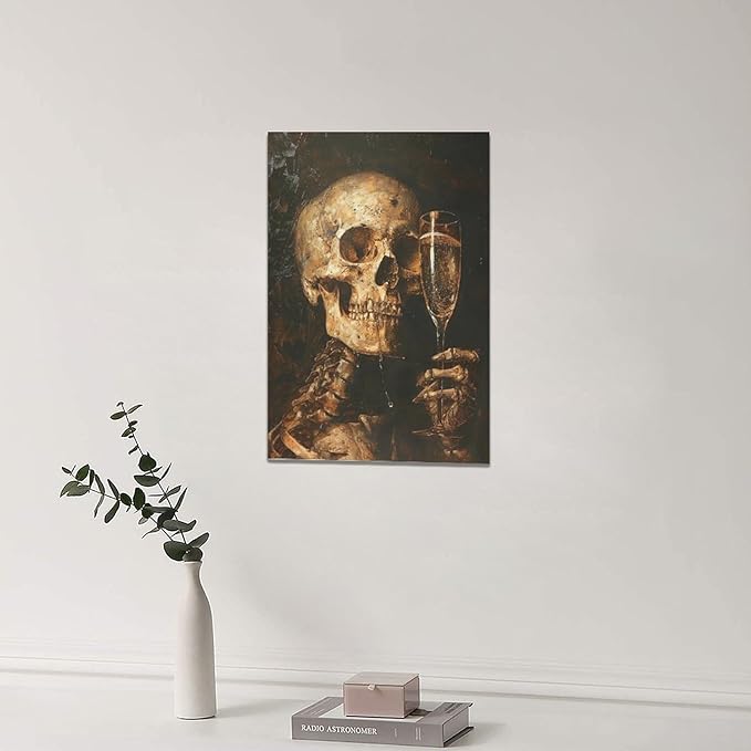 Quorin Gothic Skeleton Wall Art Goth Skull Champagne Wall Decor Dark Academia Pictures Horror Canvas Print Painting Artwork for Bathroom Living Room Bedroom 16"x24"