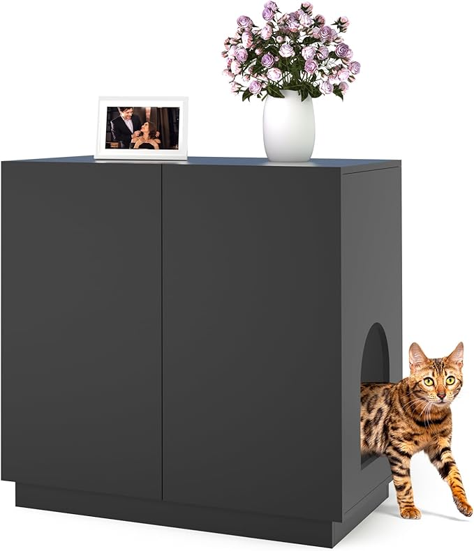 Large/Tall Litter Box Enclosure, Modern Wooden Litter Box Furniture for XL Litterbox with Hidden Storage as Sideboard Cabinet (Black)