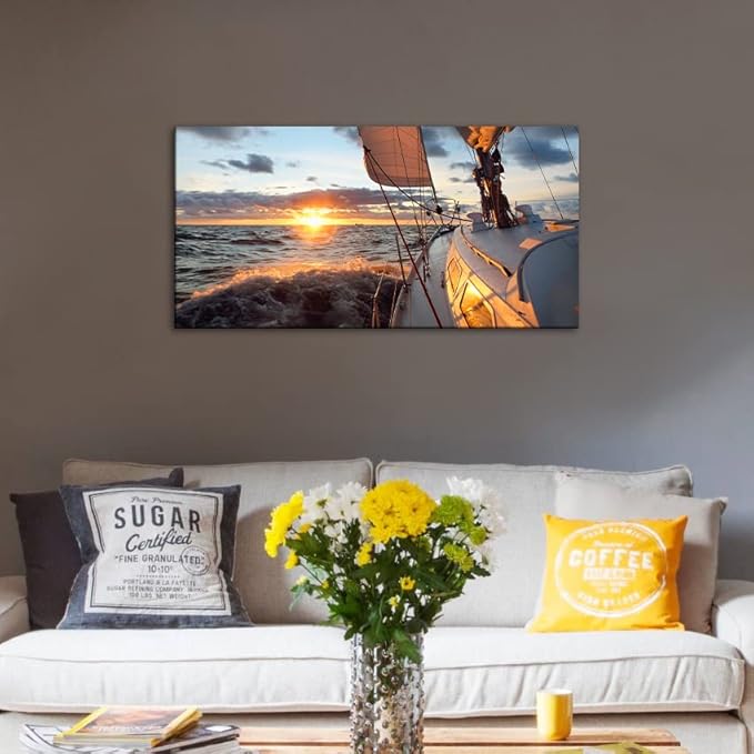 Yacht Sailing in Sea at Sunset Scenery Canvas Wall Art for Living Room Bathroom,Close-up View of Deck Mast Sails Picture Print Artwork Painting Decor,Epic Seascape Scenic Landscape,Inner Frame 20x40