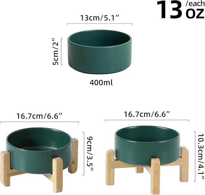 Ceramic Raised Dog and Cat Bowl Set, 2 Heights Elevated Stand, Food and Water Bowl for Small Breed Dogs, Cats, Kitty, Weighted Dog Dishes, Pet Bowls(5.1'',13.5oz, Green)