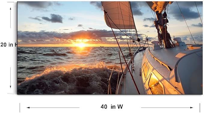 Yacht Sailing in Sea at Sunset Scenery Canvas Wall Art for Living Room Bathroom,Close-up View of Deck Mast Sails Picture Print Artwork Painting Decor,Epic Seascape Scenic Landscape,Inner Frame 20x40