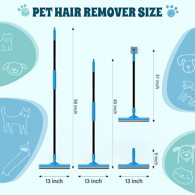 Carpet Rake for Pet Hair Removal, Reusable Cat Dog Hair Remover, 58’’ Adjustable Long Handle Pet Hair Removal Tool, Carpet Rake Scraper, Pet Hair Removal Broom for Rugs, Mats, Couch, Furniture