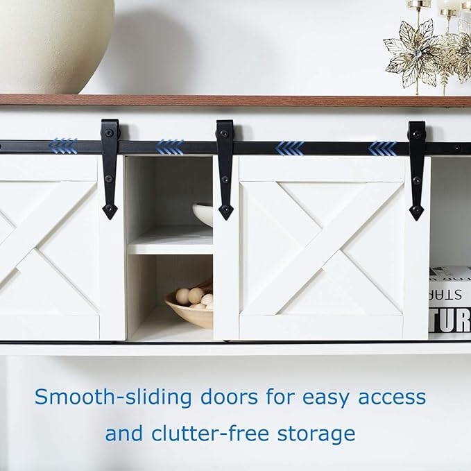 Entryway Table with Storage, Farmhouse Buffet Cabinet Coffee Bar Kitchen Island with Sliding Barn Doors & Shelves, Console Table for Kitchen, Dining Room, Living Room, White