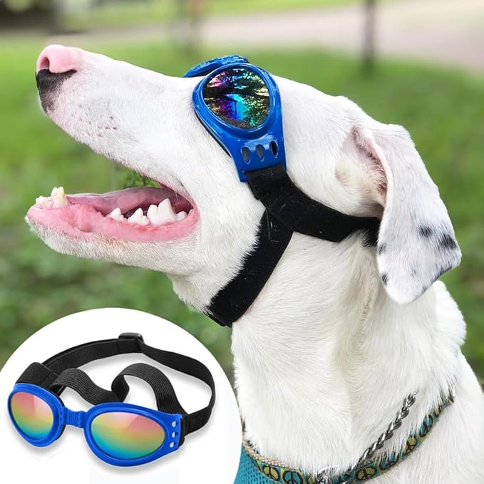 QUMY Dog Sunglasses Dog Goggles for Medium Large Breed Dogs, Wind Dust Fog Protection Eye Wear Pet Glasses with Adjustable Strap for Motorcycle Car Driving Bike Riding Hiking Swimming Over 15lbs Blue