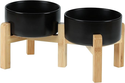 Ceramic Raised Double Bowls Set with Stand, 2 Heights Elevated, Food & Water Bowls for Small Breed Dogs, Weighted Dog Dishes, Pet Bowl(6.1'',28.7oz, Black)