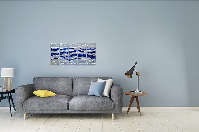 SYGALLERIER Abstract Coastal Metal Wall Art Handcrafted Big 3D Blue and Silver Artwork Modern Sea Waves Pictures Contemporary Sculpture for Living Room Bedroom Bathroom Decor