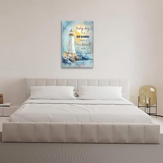 Ocean Lighthouse Pictures Wall Art, Coastal Nautical Bathroom Wall Decor Every Day is a New Beginning Motivational Quote Framed Painting Canvas Artwork for Bedroom Living Room Decorations 24"L x 16"W