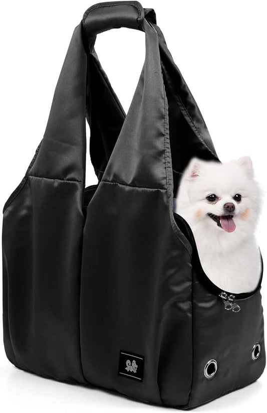 Dog Purse Carrier for Small Dogs, Cats, and Puppies – Soft-Sided Travel Pet Tote Bag with 4 Large Pockets, Foldable, Lightweight, Fits Pets up to 15 lbs, for Travel, Outings (Black)