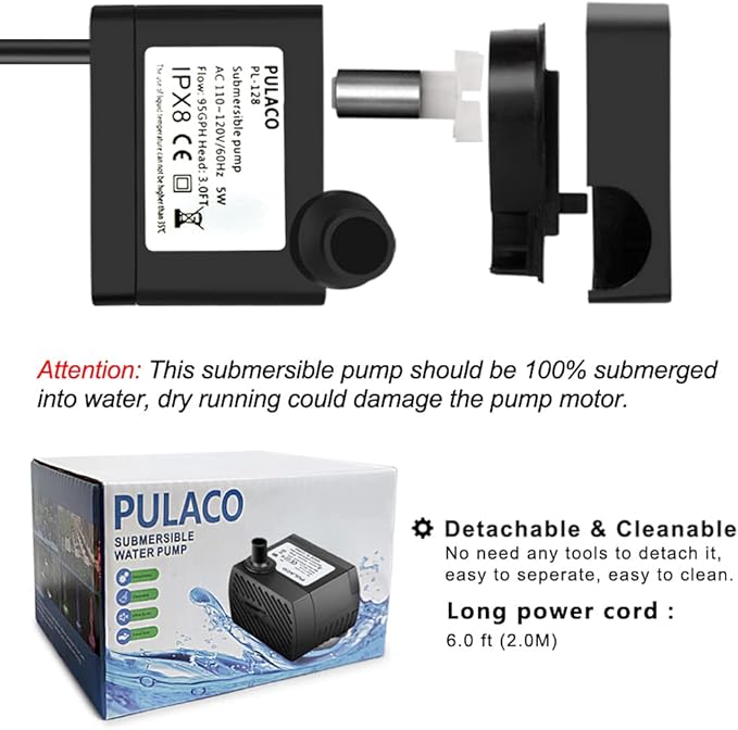 PULACO 95GPH 5W Mini Submersible Water Pump for Aquarium Fish Tank, Pond, Fountain, Hydroponics