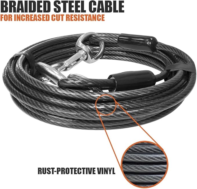 BV Dog Tie Out Cable 25 Feet - Heavy Duty Dog Lead Up to 250 Pounds - Reflective & Rust-Free with Quick Release Swivel Clips & 360° Rotating Clasp - Tangle-Free Dogs Runner for Yard (Grey, Pair)