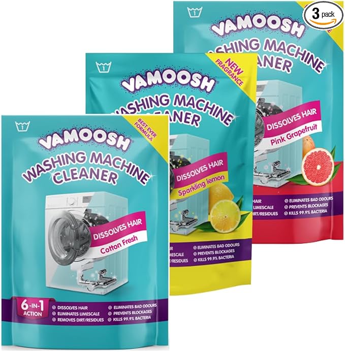 Vamoosh 6-in-1 Washing Machine Cleaner | Patented Pet Hair Dissolving Formula | Free from Harmful Chemicals | Variety Pack | Prevents Blockages | Deep Clean | Eliminates Odor | Descales | Pack of 6