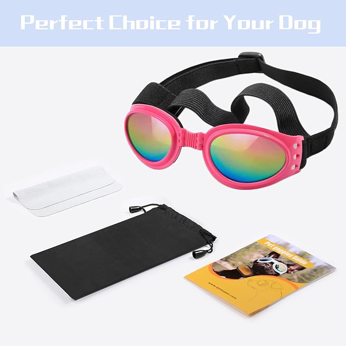 QUMY Dog Sunglasses Dog Goggles for Medium Large Breed Dogs, Wind Dust Fog Protection Eye Wear Pet Glasses with Adjustable Strap for Motorcycle Car Driving Bike Riding Hiking Swimming Over 15lbs Pink