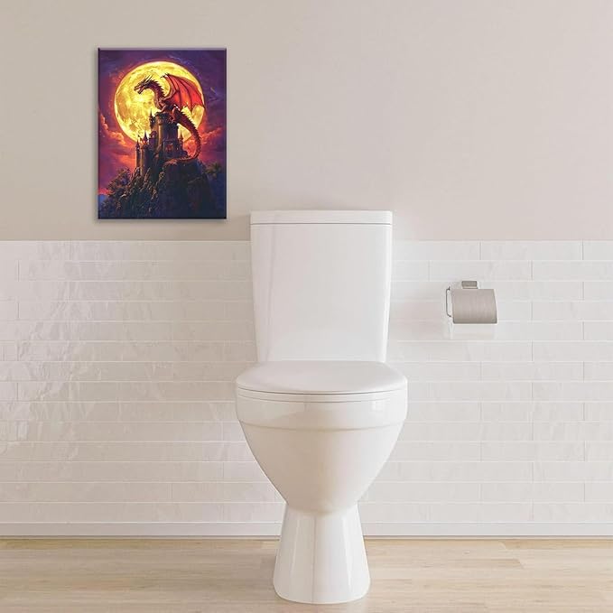 Dragon Bathroom Pictures Wall Art, Red Dragon Castle Bathroom Wall Decor, Framed Painting Canvas Artwork for Bedroom Living Room Decorations 20"L x 16"W
