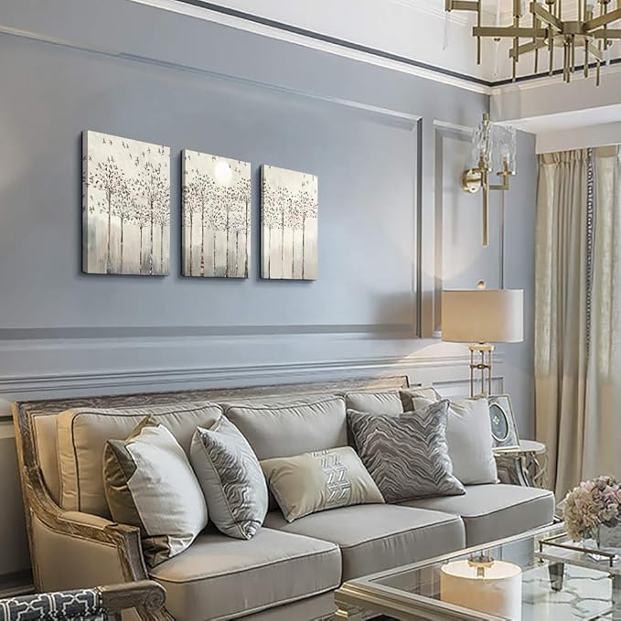 Trees And Birds Abstract Paintings Canvas Prints Wall Art For Bedroom Bathroom Wall Decor Office Artworks Pictures Wall Decorations For Living Room,3 Piece Sunrise And Sunset Modern Home Decoration