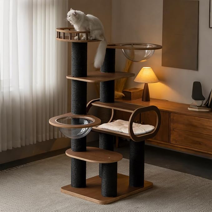 63'' Modern Cat Tree, Black Cat Tower with Scratching Post, Wooden Cat Tree for Indoor Cats Large Adult, Luxury Cat Furniture, Heavy Duty Activity Center with Transparent Bowl and Semi-Closed Condo