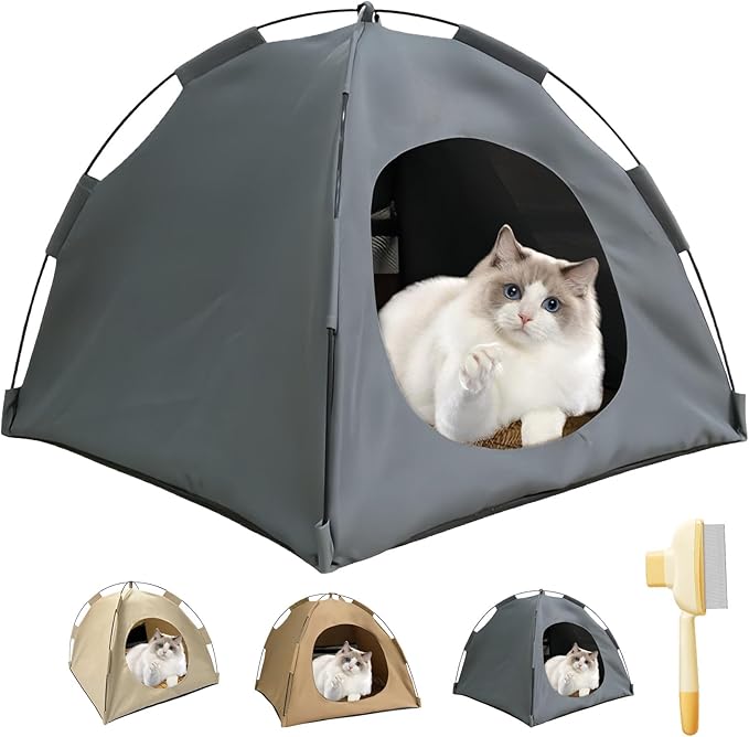 BreezyDen Pop-Up Pet Tent – Portable Hideaway for Cats & Small Dogs, Portable Indoor/Outdoor Pet Tent House with Mesh Window, Waterproof, Breathable, Scratch-Resistant, Fully Washable (Gray,L)