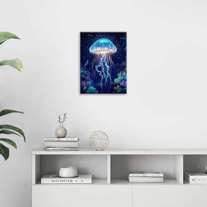 Ocean Jellyfish Wall Art Canvas Coral Fish Wall Decor Prints Framed Painting Underwater Pictures Gifts Artwork for Bathroom Living Dining 12"x16"