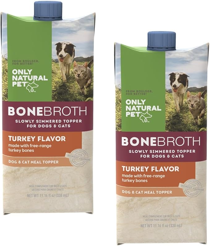 Only Natural Pet Bone Broth Turkey Flavor Dog & Cat Meal Topper, 100% Human-Grade Slow-Simmered, Free-Range for Dry Food or to Hydrate Dehydrated Food - (2-Pack / 11.16 oz Each)