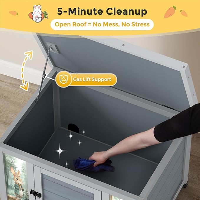 COZIWOW 24in Wooden Cat House Outdoor & Indoor Pet Shelter with Foldable Ramp - Weatherproof Rabbit Hutch with Unique Machine-Printed Art Designs for Cat, Rabbit, Guinea Pig (Grey)