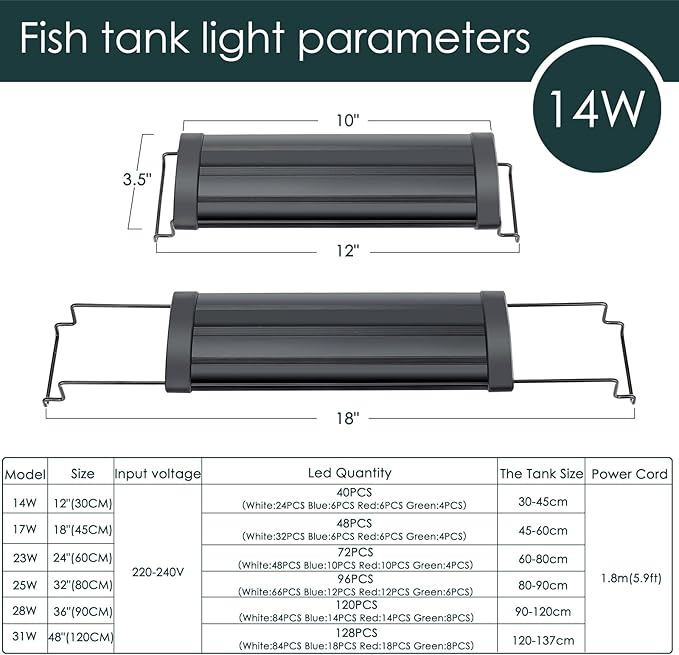 AQQA Aquarium Light,Full Spectrum LED Fish Tank Lights,12"-54" Adjustable Multi-Color White Blue Red Green LEDs with Extendable Brackets,14W-31W for Freshwater Plants (14W (12"-18"))