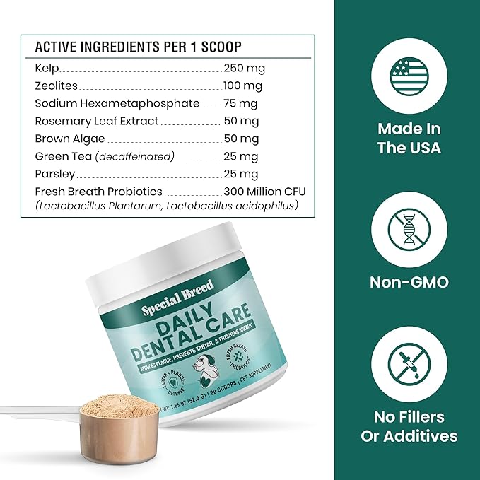 Dog Teeth Cleaning Powder – Natural Dog Dental Powder for Tartar Control, Fresh Breath & Gum Health – Daily Plaque Remover with Zeolite, Brown Algae, Probiotics & Rosemary – 90 Scoops
