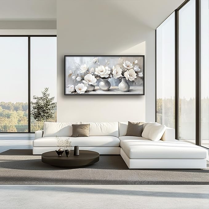 Large Farmhouse Floral Wall Art for Living Room, Framed Oversized White Flower Vase Wall Decor Grey Floral Canvas Painting Pictures Modern Artwork for Bathroom Bedroom Office Dining Room 60"x30"