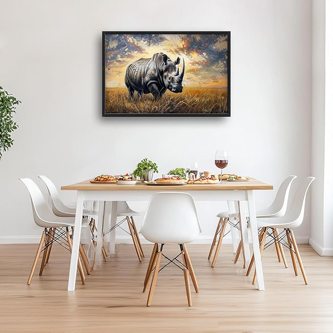 Rhino Large Wall Art Rustic Cool Wild Animal Rhinoceros Pictures Sunset Field Landscape Wall Decor Canvas Print Painting Artwork for Bathroom Living Room Bedroom 36L" x 24W"