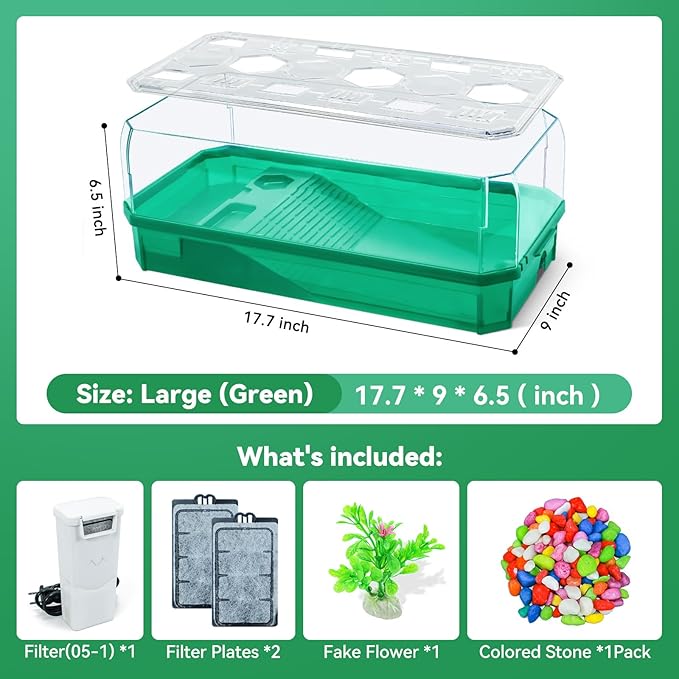 Aquatic Turtle Tank Habitat Kit Stone+Filter+Heat Lamp Enhancing Interaction with 360° Viewing, Standalone Filtration, DIY Creative Zone, Enriched Living (Green, L[Without Light])