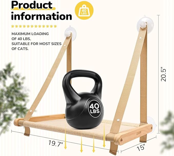 CATISM Cat Window Perch - Foldable Cat Hammock for Window, Soft Seat Machine Washable, Solid Wood Frame, 4 Suction Cups, Cats Window Hammock Load Weight Up to 40lbs