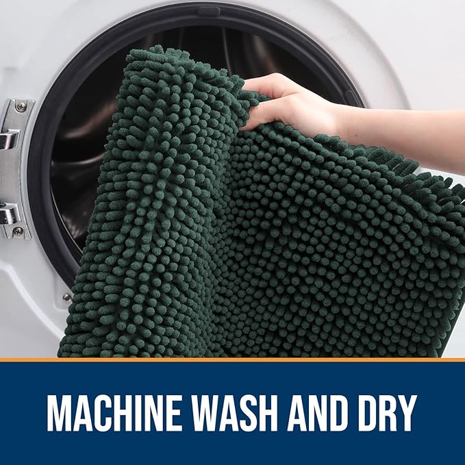 OLANLY Dog Door Mat for Muddy Paws 47x17, Absorbs Moisture and Dirt, Absorbent Non-Slip Washable Doormat, Quick Dry Chenille Mud Mat, Entry Indoor Entryway Carpet for Inside Floor, Blackish Green