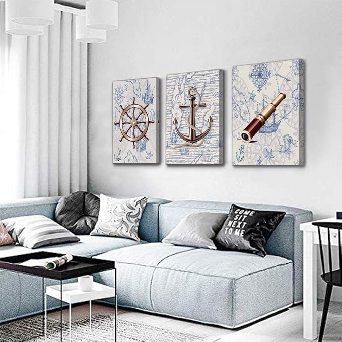 ocean theme steering wheel telescope ship pendant Canvas Prints bathroom Wall Art for Bedroom Wall decor Artworks Pictures wall decorations for living room,3 piece Home decor kitchen wall paintings