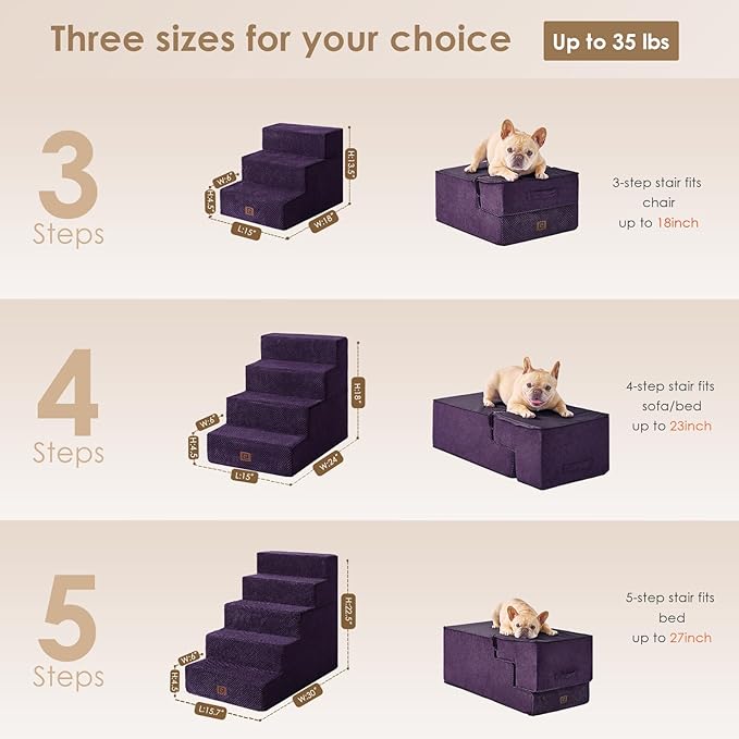 EHEYCIGA Dog Stairs for Bed 18" H, 4-Step Dog Steps for High Bed, Pet Steps for Small Dogs and Cats, Non-Slip Balanced Pet Ramp Indoor, Purple