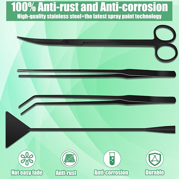 Aquarium Aquascape Tools Kit, 4 in 1 Anti-Rust Aquatic Plant Aquascaping Tool Stainless Steel Black Tweezers Scissors Spatula for Aquarium Tank Clean Fish Tank Aquascape Tools Sets (Black)