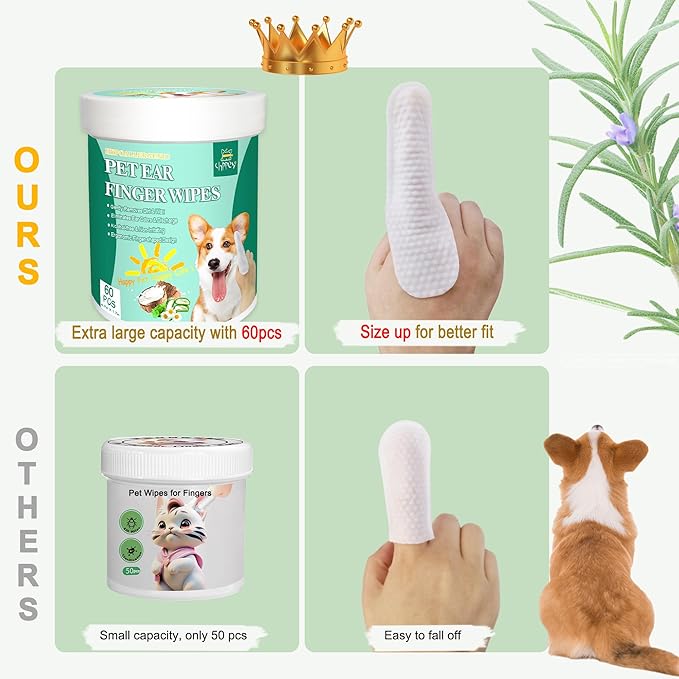 60 ct Pet Ear Finger Wipes for Dogs - Extra-Coverage and Large Design with Coconut Oil and Aloe Vera, Relieve Ear Itching and Inflammation, Remove Ear Wax and Debris, Soothing Cleansing Deodorizing