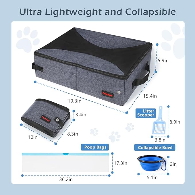 Portable Cat Travel Litter Box. Zipped Lid, Collapsible Litter Box for Cats. No Leakage, No Smell. Easy to Carry. Used for Hotels, Camping, Car(Gray,L)