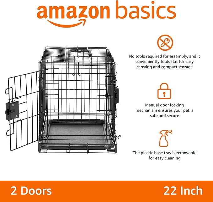Amazon Basics Durable,Foldable Metal Wire Dog Crate with Tray, Double Door, Divider, 22 x 13 x 16 in, Black