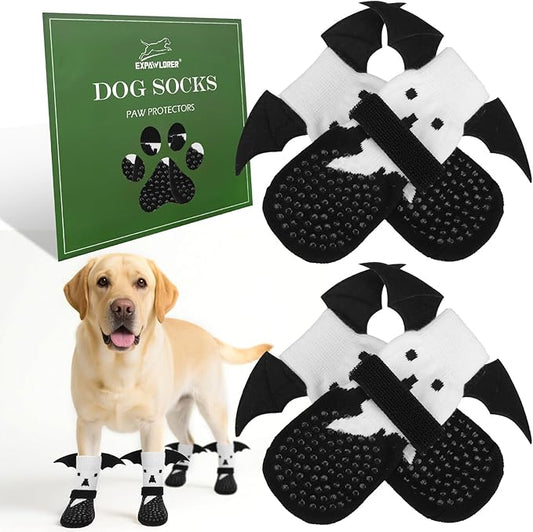 EXPAWLORER Halloween Anti Slip Dog Socks to Prevent Licking Paws, Boots & Paw Protectors with Grippers,Doggie Booties for Hardwood Floors for Small Medium Large Senior Dogs Costume White Ghost Wings L