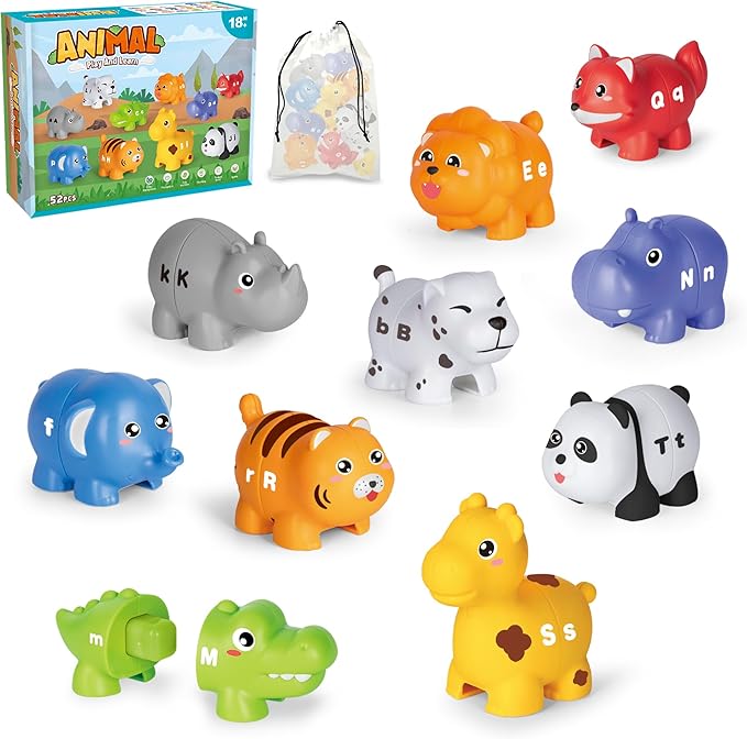 Learning Toys for 2 3 4 Year Old, 52 Pcs ABC Animal Alphabet Match Game with Uppercase Lowercase, 10 Different Animal Figures, Preschool Activities Montessori Fine Motor Toys for Toddlers Kids